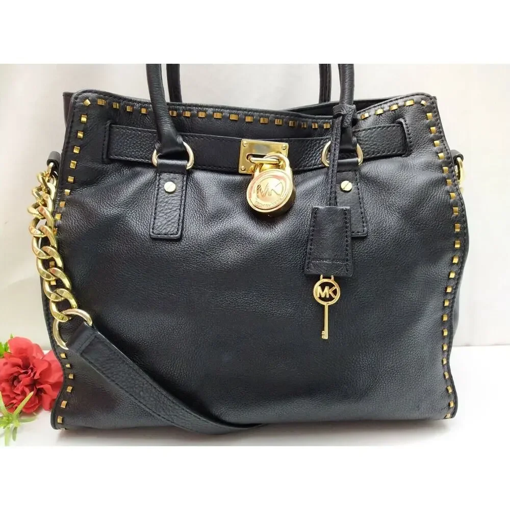 Michael Kors Hamilton Black Leather Satchel Shoulder Bag w/ Matching Wallet